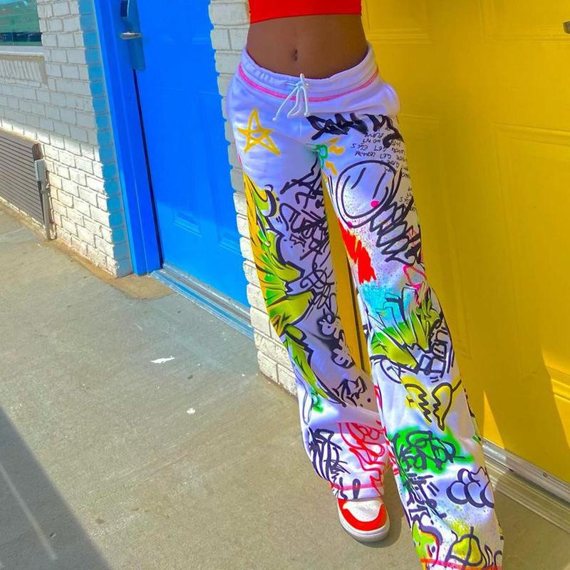 

Women's Pants & Capris Fashion Loose Graffiti Print High Waist Casual Streetwear Sexy Trousers Women Wide Leg Elastic Female Bottoms, Black;white