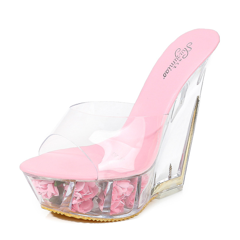 

HOKSVZY Super High Heel Cool Slipper Transparent Special-shaped Crystal Slipper Waterproof Platform 15CM Wedges Women Sandal GHRT5464, Blackflower