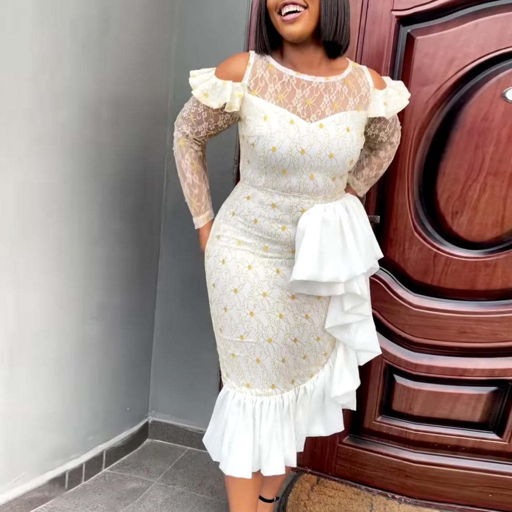 

White Lace Elegant Dress for Women Cold Shoulder O Neck Sheer Sleeves Slim See Through Large Size Ladies Autumn Homeconing Robes, White;black