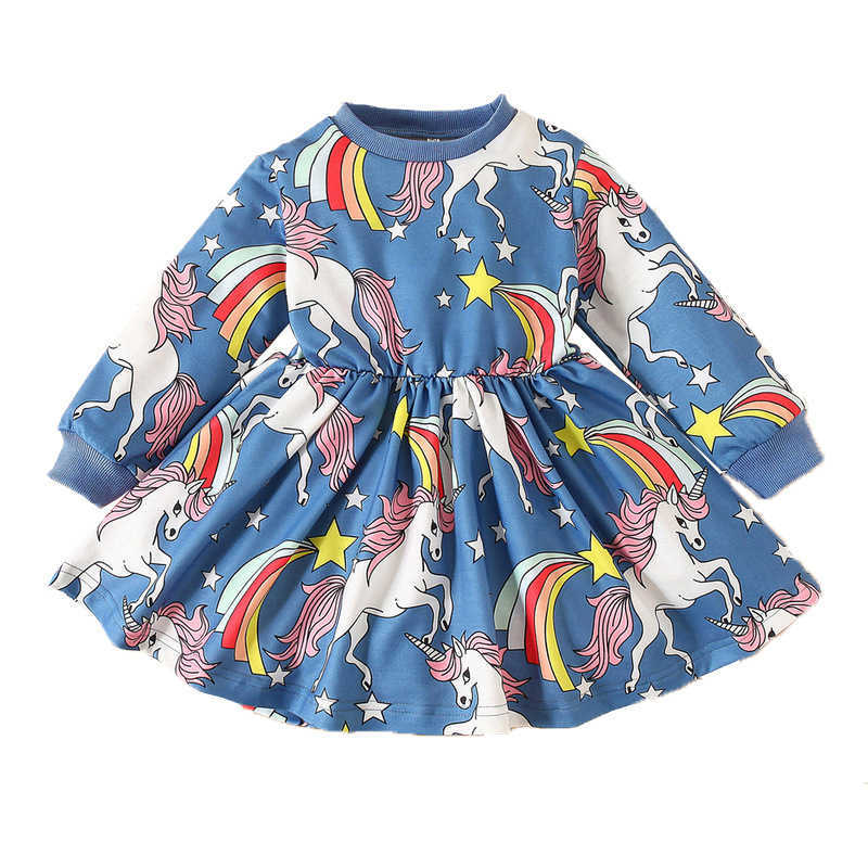 

Ins Baby Girls Casual Dress Unicorn Rainbow Pattern Clothing Outfit Fashion Designer Cotton Clothes 210529, Blue