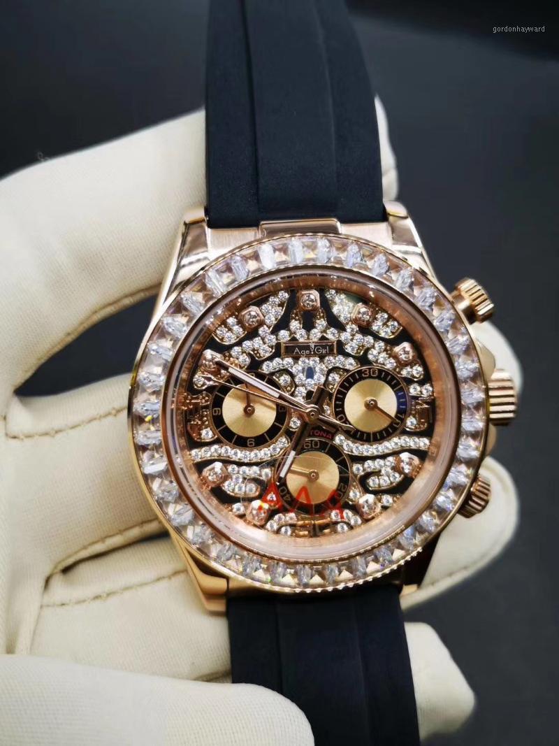 

Wristwatches Men Automatic Mechanical Watches Diamond Bezel Stainless Steel Black Rubber Rose Gold Sapphire Silver Dial