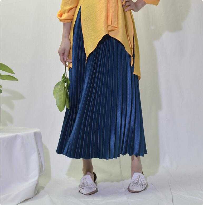 

Qooth Summer Women Elegant Pleated Skirt Elastic Waist Long Female Autumn High Quality Midi Saia QH1681 210609, Grey