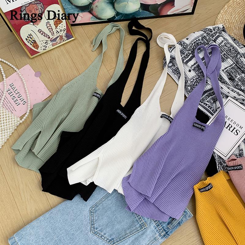 

Women's Tanks & Camis Rings Diary Summer Halter Knitted Vest Small Sling Short Top Women Sleeveless External Wear All-Match Woman Clothes, Black