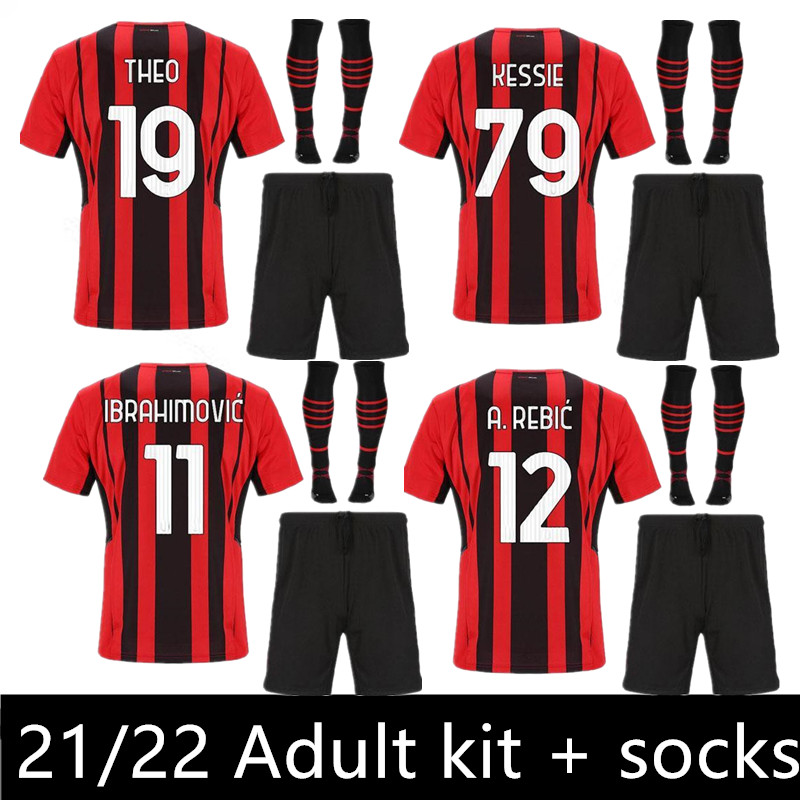 

Thailand 21 22 AC Soccer milan IBRAHIMOVIC jerseys 2021 TONALI Mandzukic Kessie brahim BENNACER THEO REBIC LEAO Men adult kit+socks sets socks football Kits, Picture