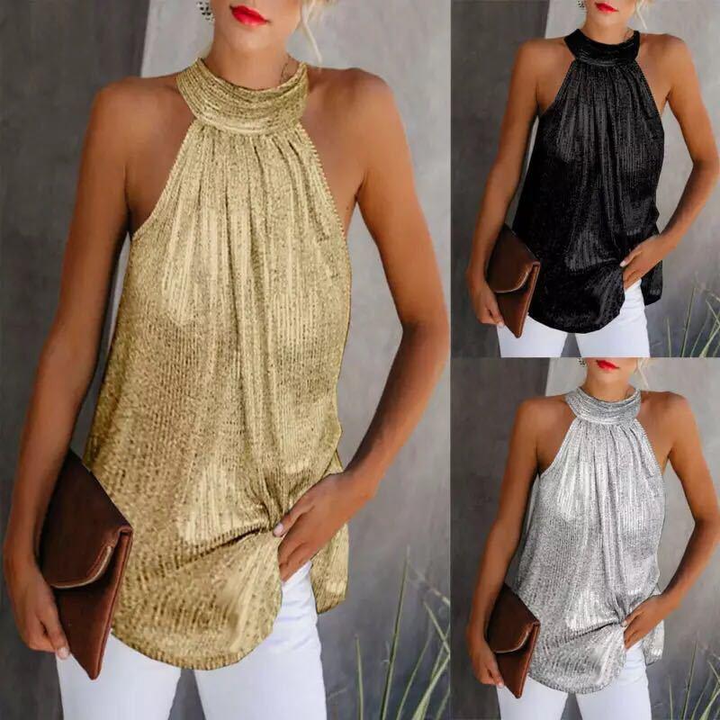 

Women's T-Shirt 2021 Womens Tops Sequin Glitter Strappy Ladies Sexy Sparkle Camis Hang-Neck Swing Vest Clubwear Party Night Tanks, White