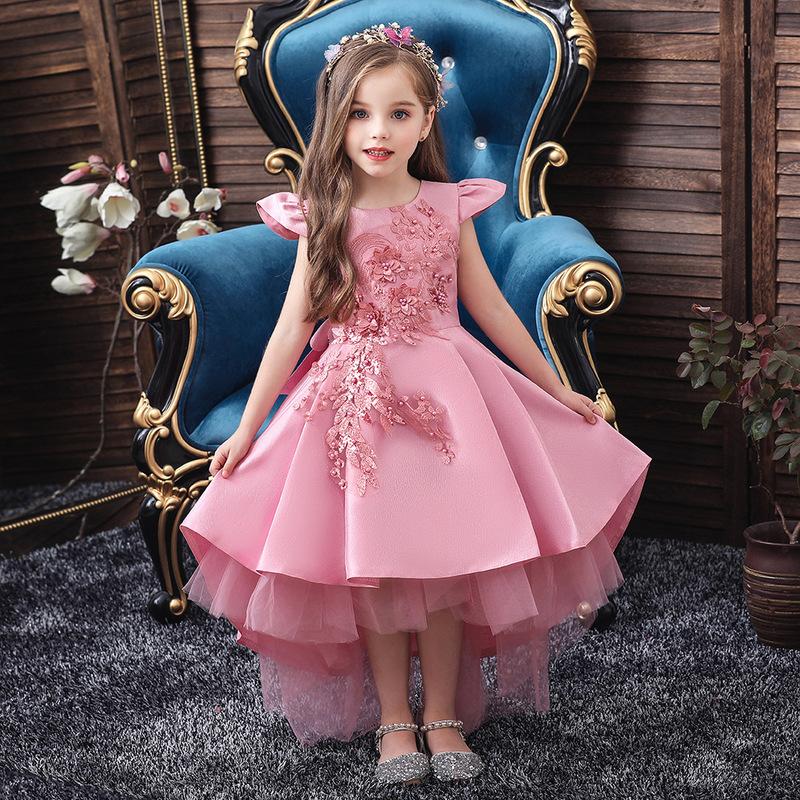 

Girl's Dresses Flower Girls Illusion Embroidey Sequined Appliques Tulle Lace O-Neck Knee-Length Pearls Kids Party Princess Gown F180, Blue