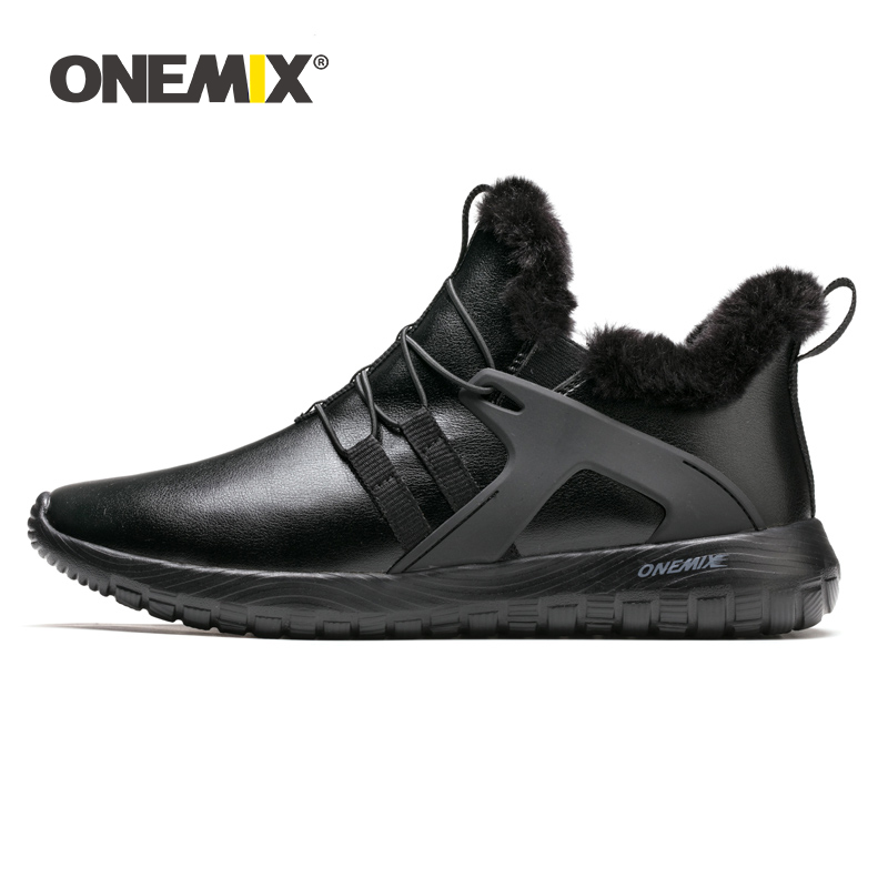 

ONEMIX Men Winter casual Shoes Keep Warm Boots Waterproof Leather Sneakers Outdoor Slip On Walking Shoes Adult Ankle Snow Boots, Black