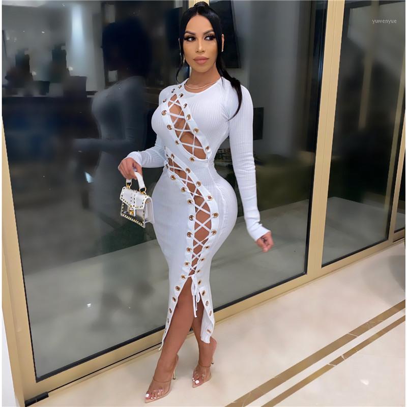

Casual Dresses Imcute Women Autumn Knitted Lace Up Hollow Out Sexy Bodycon Maxi Dress Club Party Ribbed Solid Long Sleeve