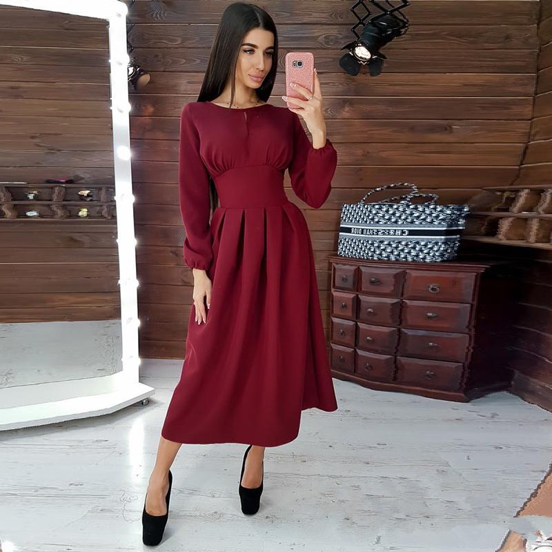 

Casual Dresses Vintage A-Line Party Long Sleeve Female Clothing O-Neck Solid Winter Dress High Waist Vestidos Elegantes Para Mujer, Brown