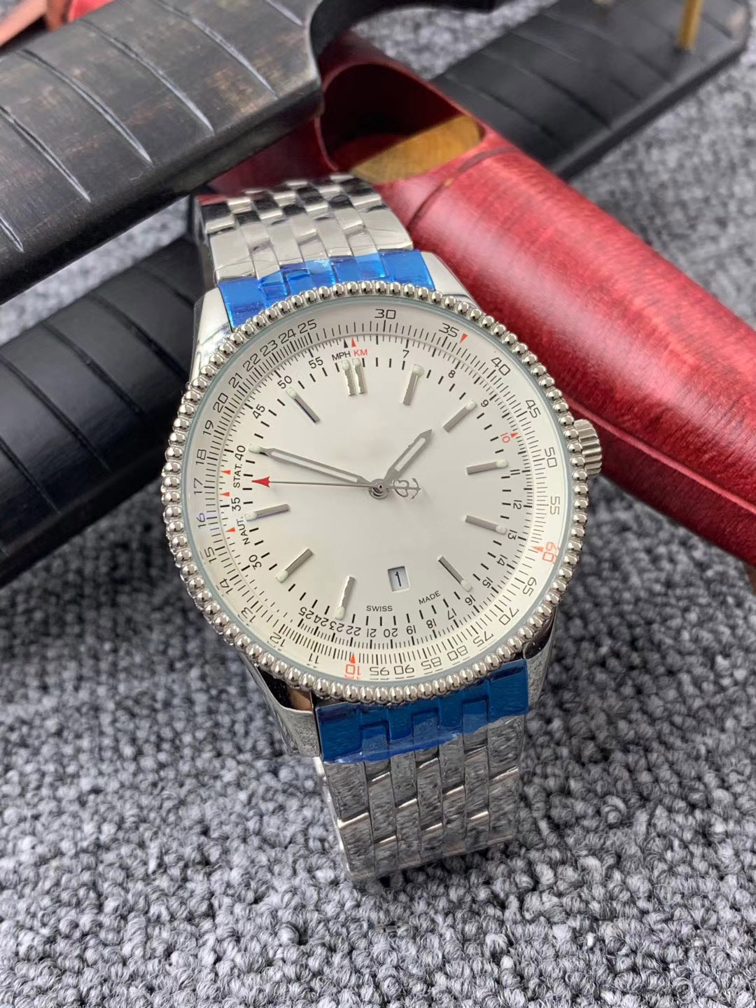 

Style Automatic Mechaincal Watch White Date Dial Silver Stainless Steel Case Belt 1884 Navitimer Spatiograph Watches, Slivery;brown