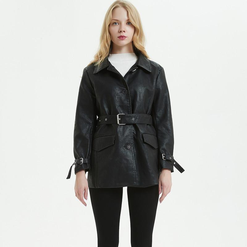 

Women's Leather & Faux 2021 Autumn Winter Solid Color PU Coat Slim Short Lace Up Shrink Waist Jacket Women Fashion Tide 4192, Black