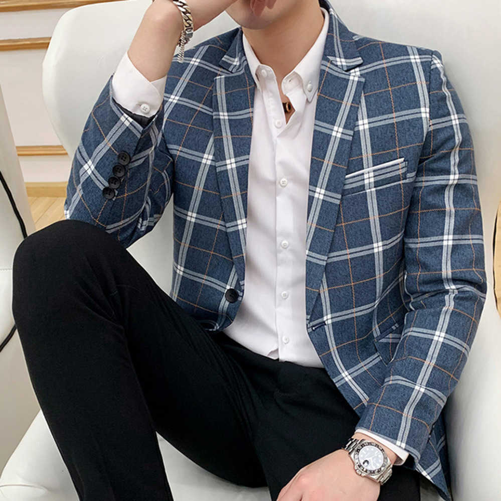 

Men Blazers Brand British Style Plaid Slim Fat Dress Business Casual Blazer Coat Men Outwear Jacket DJ Club Stage Singer Clothes 210527, Gray