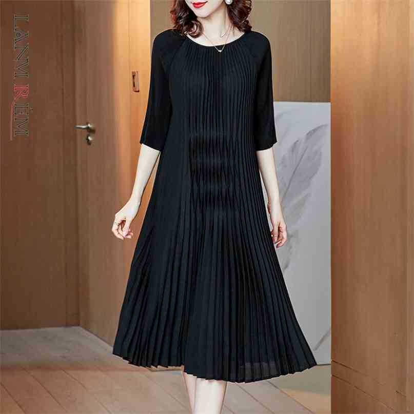 

Women Black Big Size Pleated Dress Round Neck Three Quarter Sleeve Loose Fit Fashion Spring Autumn 2E1438 210526, Green