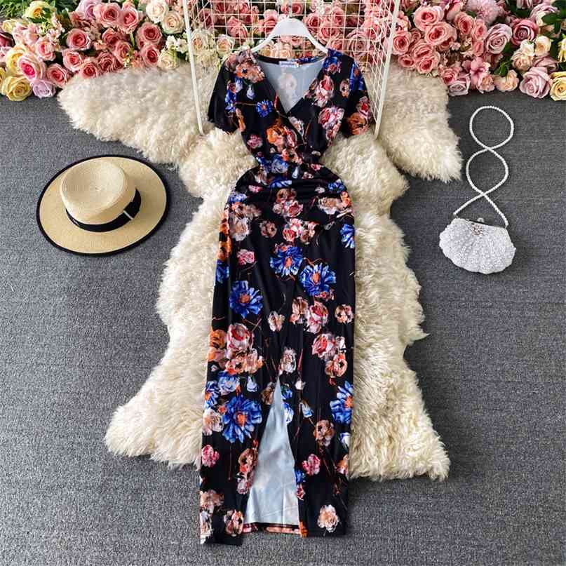 

Summer Women's Long Dress Short-sleeved V-neck Slim Waist Folds High Split Sexy Evening Party Vintage Holiday 210603, White