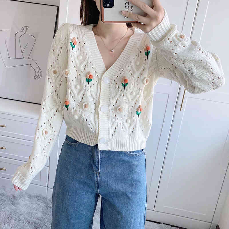 

Women Retro Knitted Cardigan Flowers Embroidered Balls Floral Crocheted Sweater Short Coat Jacket Tops Sueter Mujer 210521, As shown