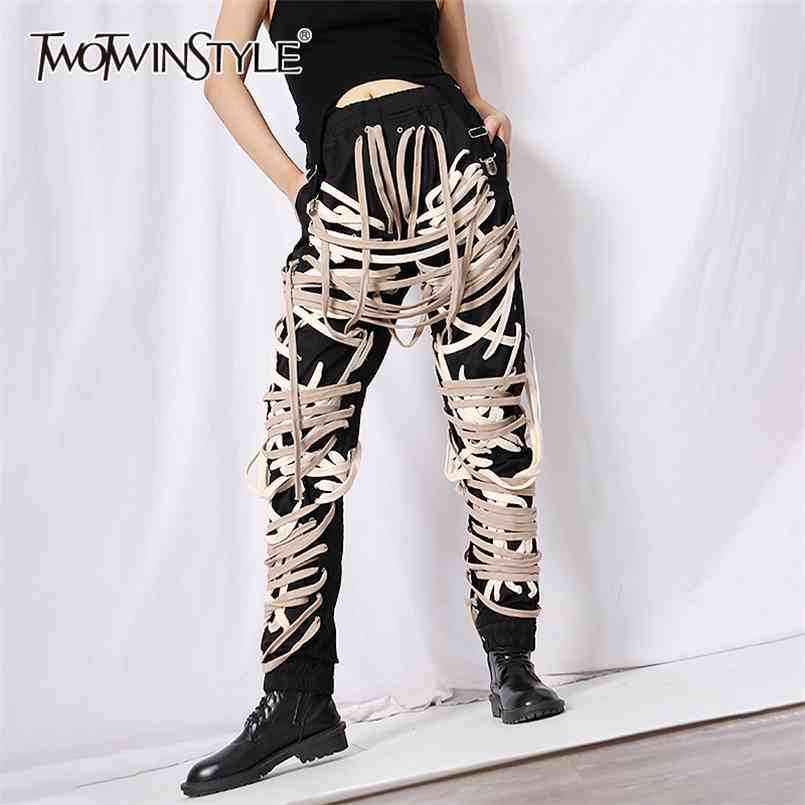 

Cross Bandage Pants For Women High Waist Full Length Plus Size Casual Black Trousers Female Autumn Style 210521, Black and white