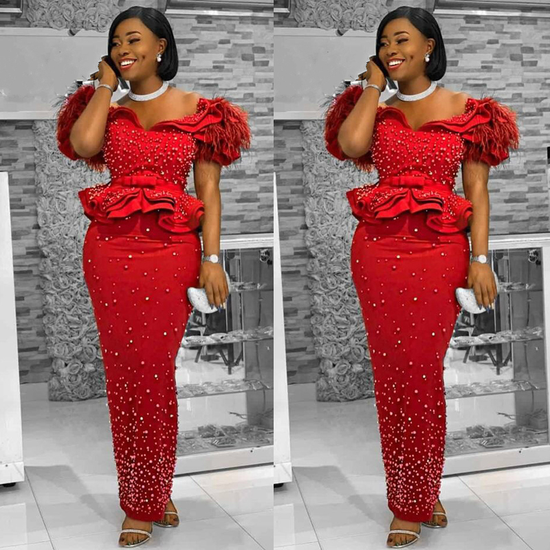 

Sexy Off Shoulder Prom Dress Red Beading Feather Short Sleeve Formal Party Elegant Ruffles Gown Arabic Muslim Evening Dresses, Green