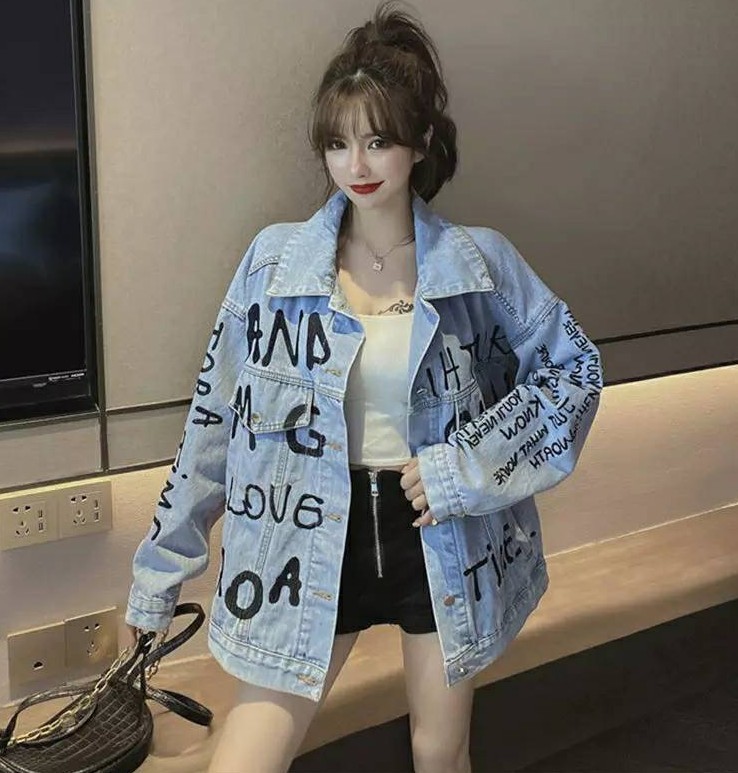 

Spring Fashion Letter Embroidered Casual Denim Jacket Women's Long sleeve High street Jean Coat Femme 210518, Photo color
