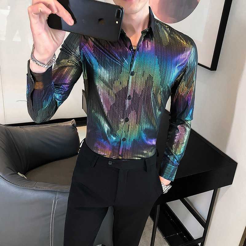 

Fall Men Shirts Nightclub Bar Colorful Stamping Shirt Long Sleeve Slim Fit Streetwear Shirts Social Party Blouse Camisa 210527, Mixed