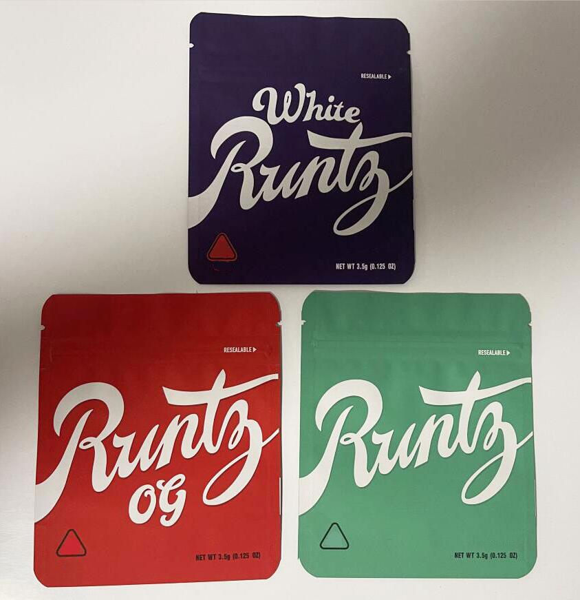 

white runtz runty infused okie packaging bag supplier zip lock reseable stand up pouch childproof mylar bags 3.5g