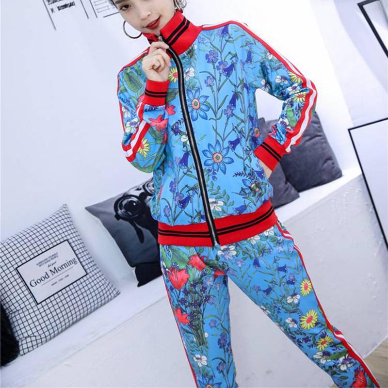 

Women's Two Piece Pants European And American Spring Autumn Long-sleeved Trousers Casual Two-piece Female Slim Floral Sports Suit
