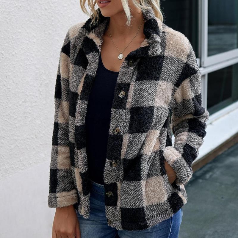 

Women's Jackets Autumn Women Casual Coat Turn Down Collar Long Sleeve Plaid Pockets Buttons Warm Fluffy Jacket Plus Size For Female, White khaki