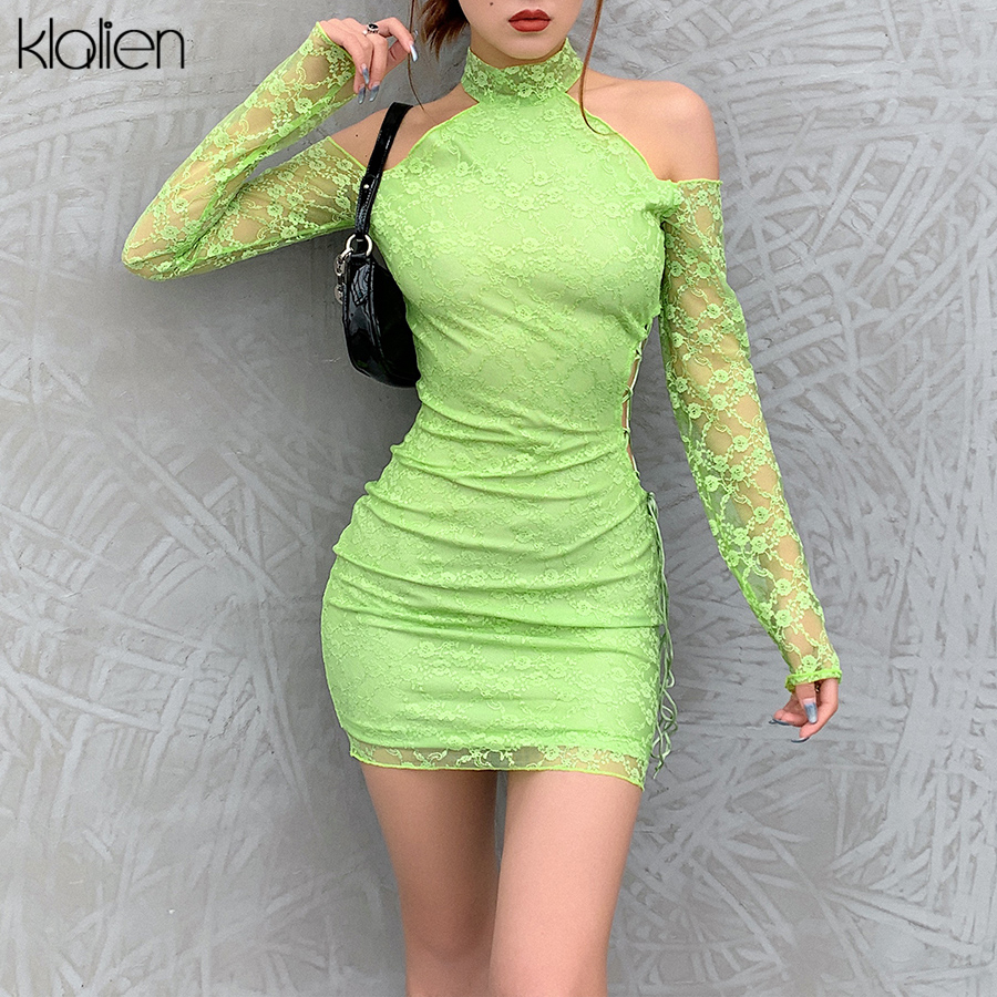 

fashion elegant long sleeve turtleneck solid lace mini dress women 2021 spring hollow out off shoulder party dress, Black;gray