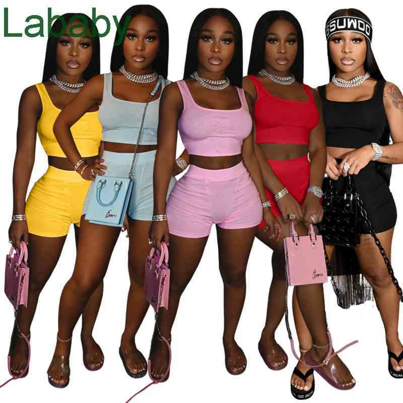 

Women Tracksuits Two Pieces Set Deisgner Slim Sexy Outfits Solid Color Sleeeveless Vest Shorts Suit Ladies Wear Sportwear, Yellow