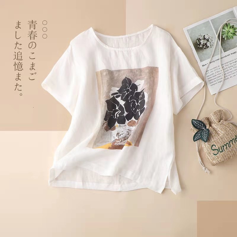 

Women's T-Shirt 2021 Arrival Summer Korean Style Women Short Sleeve O-neck T Shirt All-matched Cotton Linen Floral Print T-shirt W283 N9TA, White