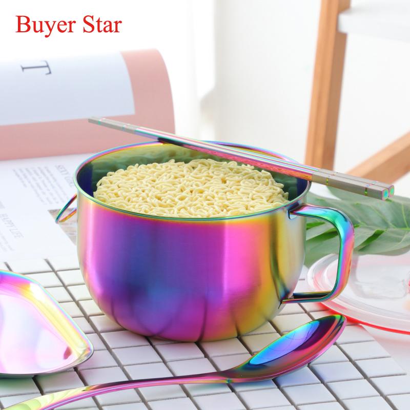 

304Stainless Steel 5Colors Chinese Instant Noodle Bowl With Lid Handle Container Husehold Utensils Soup Rice Salad Bowls