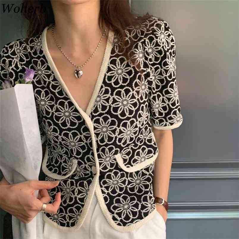 

Summer Korean Fashion Short Sleeve Jacket Floral Embroidery Coat Women Vintage Outerwear Chic Chaqueta Mujer 210519, Black