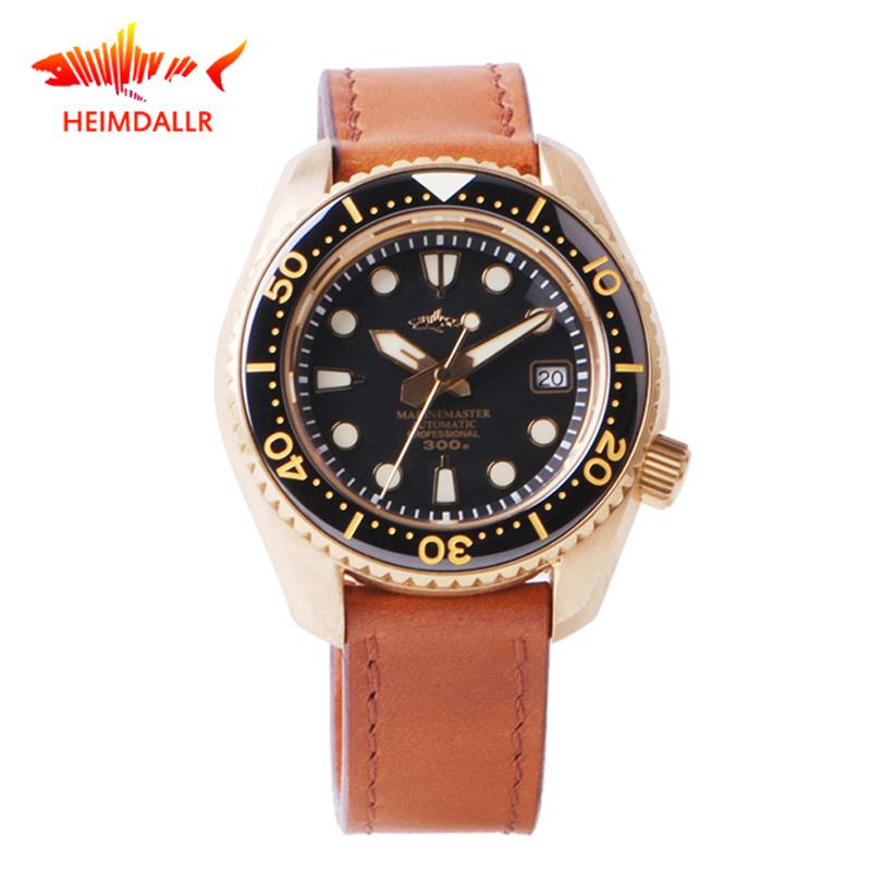 

Wristwatches HEIMDALLR Bronze Mens Diver Watch 46mm Black Dial Sapphire 300M Water Resistance NH35 Automatic Movement Men Mechanical Watches, Rubber blue