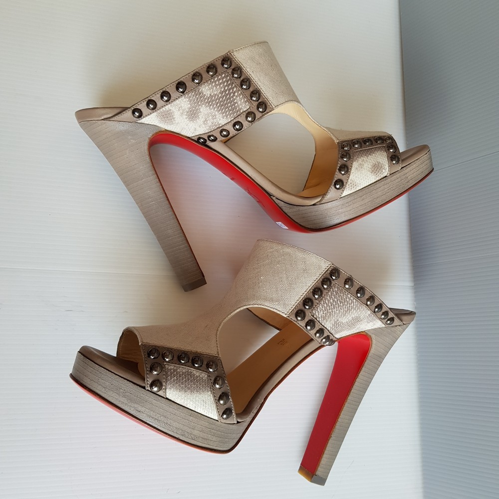

Women summer sandals slipper red bottom high heels sandal peetoe pumps brown/beige canvas leather spiked chunky super heeled lady casual red, Black