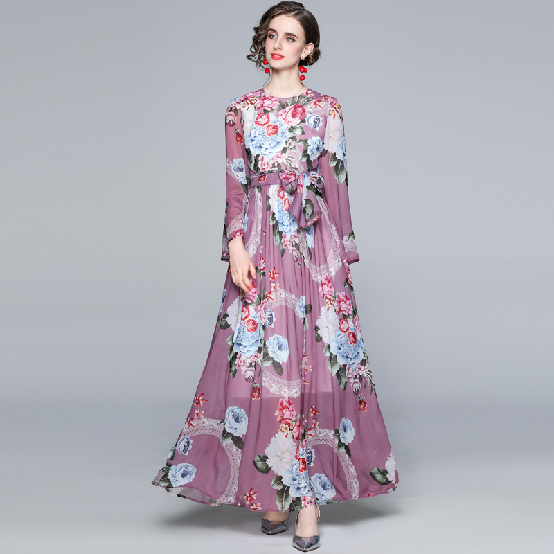 

Women Spring Designer Elegant Purple Chiffon Maxi Dress Fashion Party Robe Femme Vintage Floral Print Holiday Dresses Vestidos 210525
