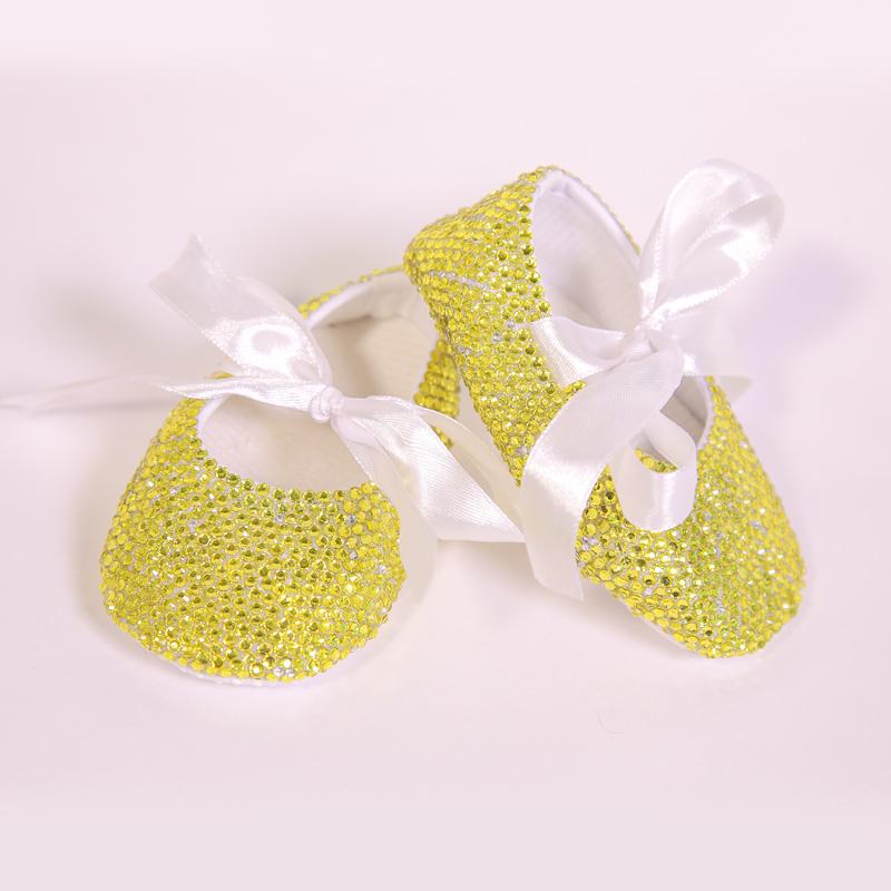 

First Walkers Custom Lenmon Yellow Rhinestone Color With Ribbon Bow Soft Soled For Born Princess Baby Girl Handmade Sparkle Crib Shoes