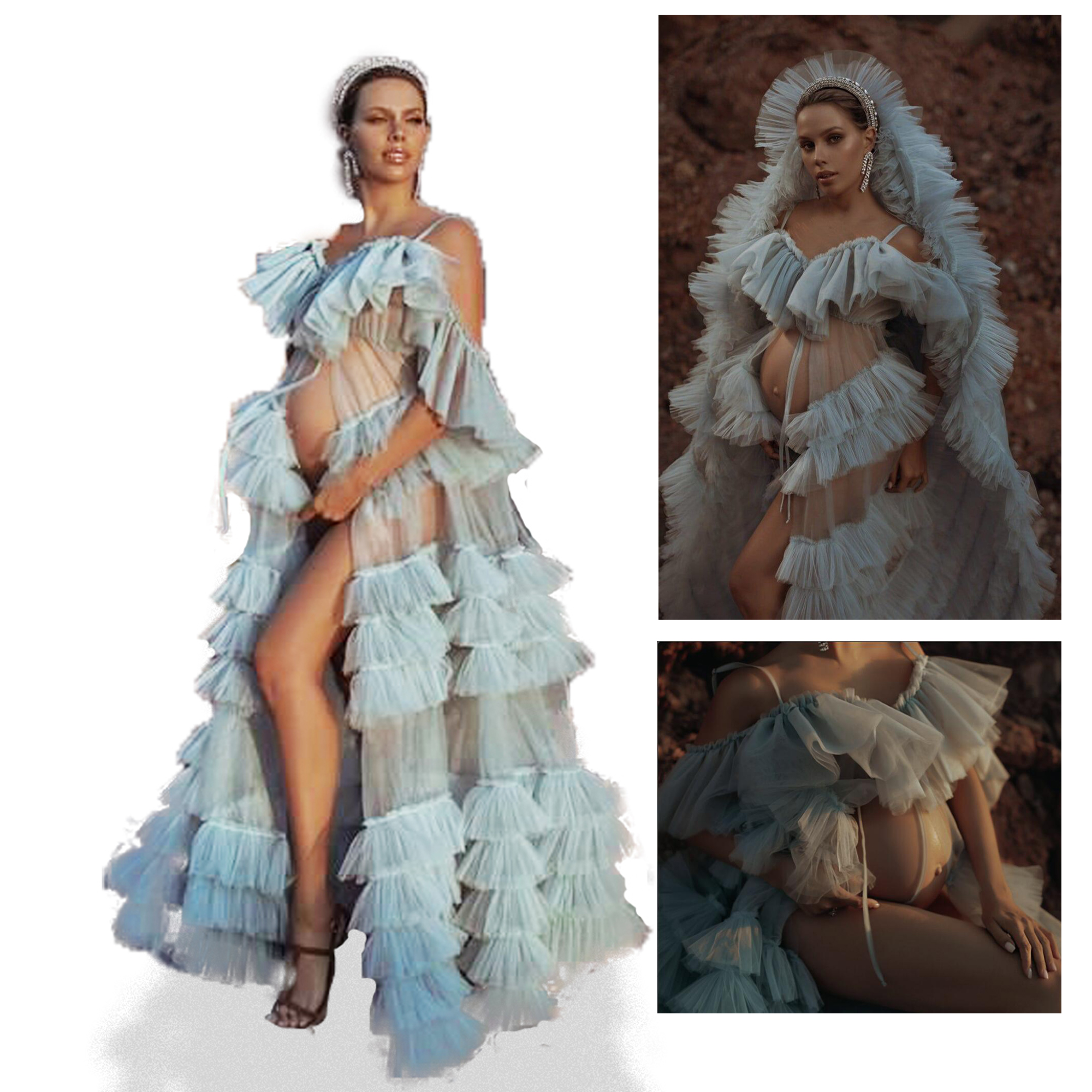 

2021 Ruffle Folds Kimono Women Dresses Robe for Photoshoot Extra Puffy Sleeves Prom Gowns African Cape Cloak Maternity Dress Photography, Daffodil