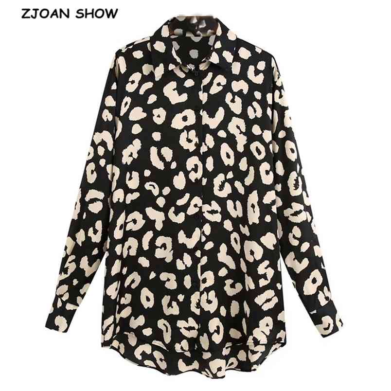 

Elegant Lapel Black Beige Leopard Print Mid Long Silk Shirt Retro Woman sleeve OL Blouse Satin Tops Blousas 210429