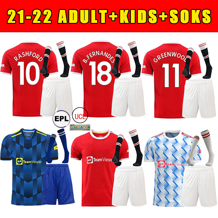 

21 22 SANCHO Manchester soccer jerseys UNITED Fans Player version BRUNO FERNANDES MARTIAL UTD POGBA RASHFORD football shirt 2021 2022 women man kids kit +Socks, Ml0058