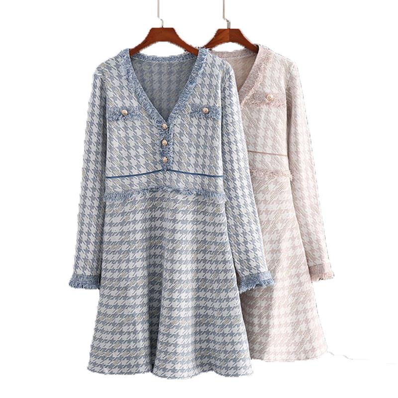 

Casual Dresses PERHAPS U Blue Apricot Knitted Houndstooth V Neck Long Sleeve Empire Mini Short Dress Elegant Autumn D2045