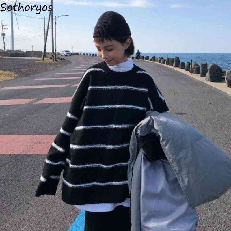 

Women Pullover Sweater Striped Loose O-neck Soft Lovely Autumn-winter Jumpers Oversized BF Harajuku All-match Knitwear Student Y1110, Black