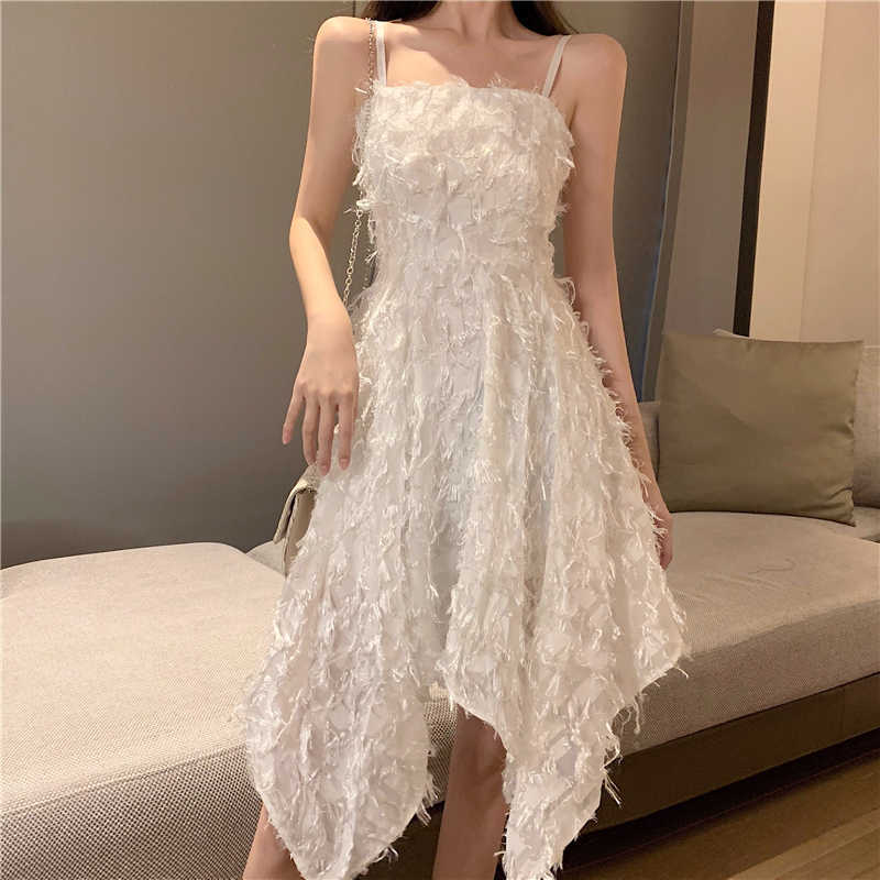 

Women Lady's Sleeveless Suspender tassel Irregular Dress Summer Camisole Buttock elegant sexy vestido mujer 210601, Black