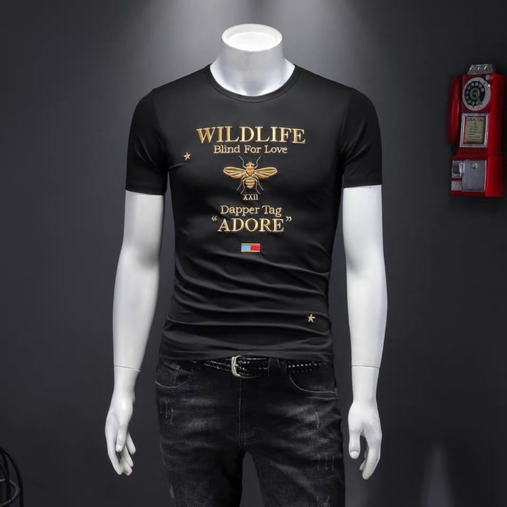 

polo shirt Bee cotton short sve embroidered Trend Fashion Personality Mainstream Handsome Sunshine Men's Top A, 707 front embroidered letter bee white