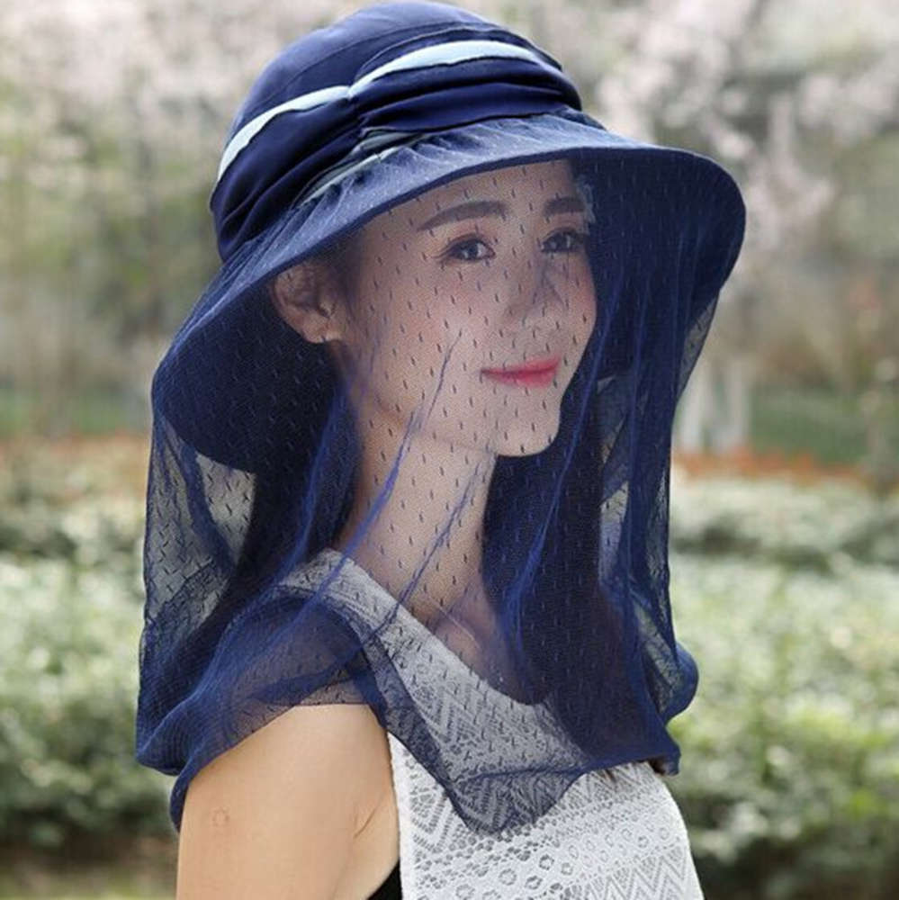 

Women's summer sun hat Japanese ultraviolet mosquito veil outdoor fisherman's, Blue;gray