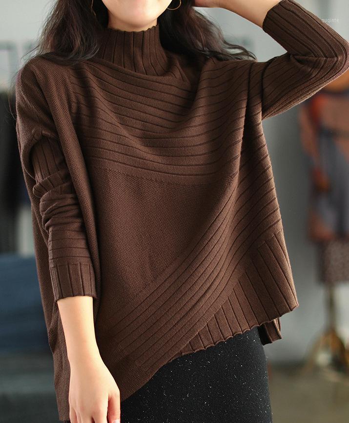 

Women's Sweaters Retro Loose Sweater Women Striped Solid Color Plus Size Full Sleeve Casual Knitted Autumn Winter Tees Tops Wild, Black