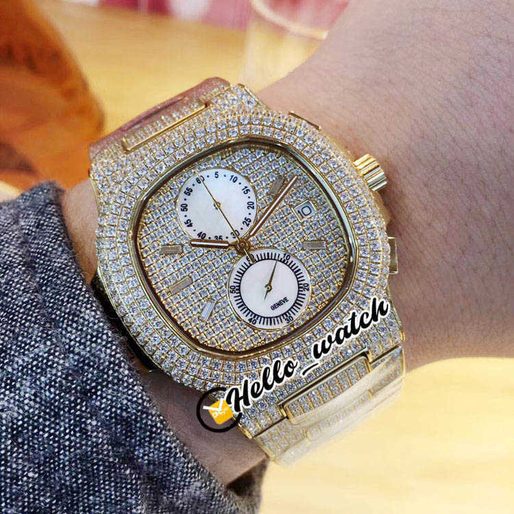 

Designer Watches 40mm Sport 5990/1A 5711/1A 5711 Gypsophila Dial Quartz Chronograph Mens Watch 18K Yellow Gold Diamond Case Bracelet, Original box