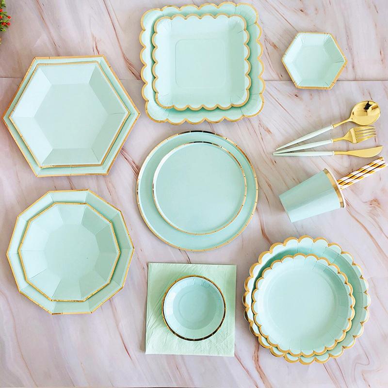 

Mint Green Gold Disposable Tableware Party Napkins Paper Plates Straw Cup Kids Birthday Supplies Favor Wedding Decoration Dinnerware