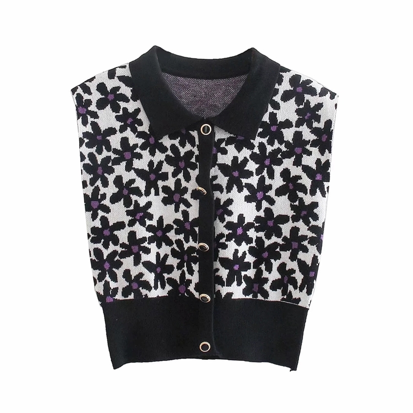 

floral Knitted Sweater Vest Women Croped Pullover Vintage Sleeveless Lapel Korean Female Waistcoat knit Tops 210520, Black