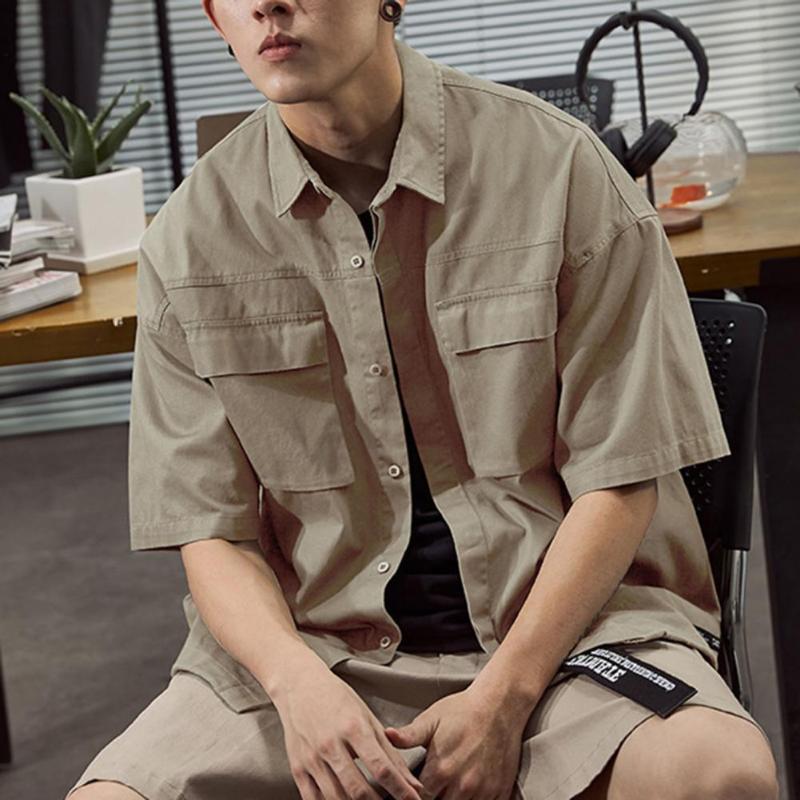 

Men's Casual Shirts Mens Harajuku Vintage Shirt Short Sleeve Pockets Solid Color Loose Buttons For School Streetwear Male, White;black