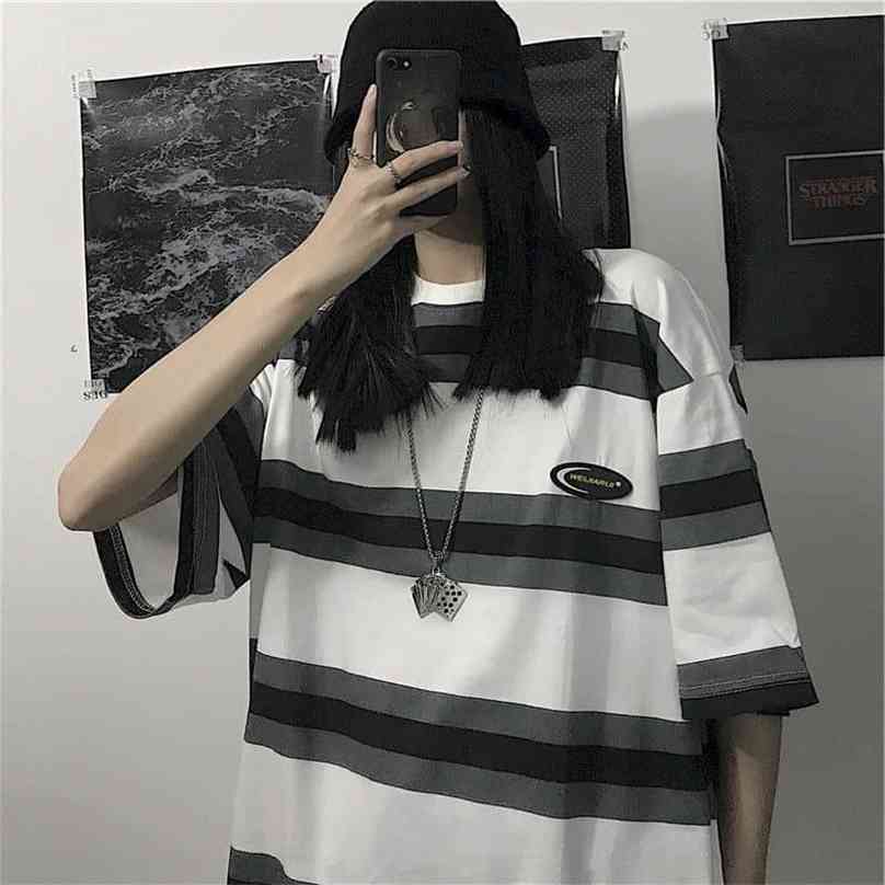 

Preppy style unisex T-shirt summer Korean oversize short-sleeved female Harajuku all-match striped student top 210720, 906 gray