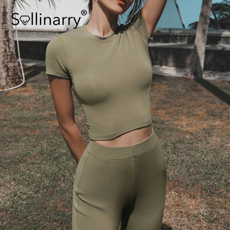 

Sollinarry Autumn Casual Skinny Women Suit Solid Lace Up Hallow Out Ladies Sets short Sleeves Long Pants Female Two Pieces Sets 210709, Army green